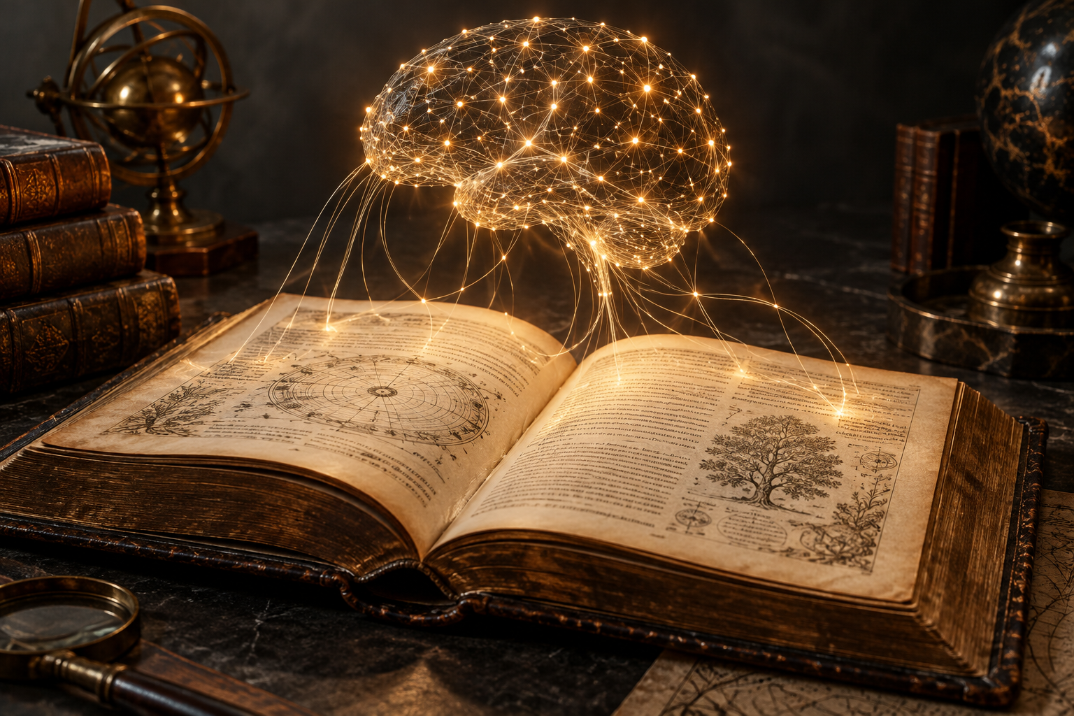Neural intelligence reading an antique open book