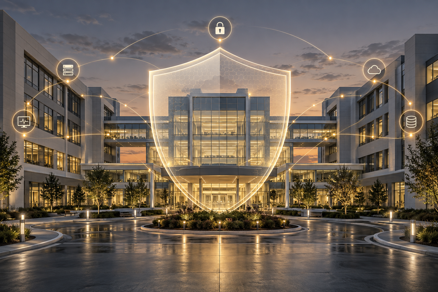 Illustration of a hospital protected by a secure connected network
